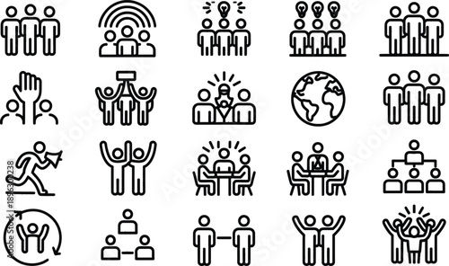 Sixteen black and white line art icons symbolizing teamwork, collaboration, communication, leadership, and group dynamics for business and social projects