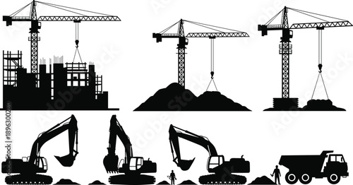 Silhouettes of construction machinery including tower cranes, excavators, and dump trucks isolated on white background for industrial building conceptsSilhouettes of 