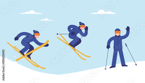 Professional skiers in blue suits skiing downhill on snowy mountain, winter sports activity and outdoor leisure concept, flat vector illustration