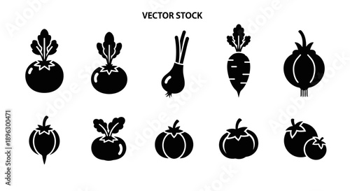 Kumpulan ikon sayuran. Simbol pertanian, makanan organik, dan panen. Gambar vektor terisolasi.