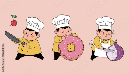 Professional male chef character set cooking with pan donut and onion, cute baker mascot in yellow uniform, culinary and food industry concept