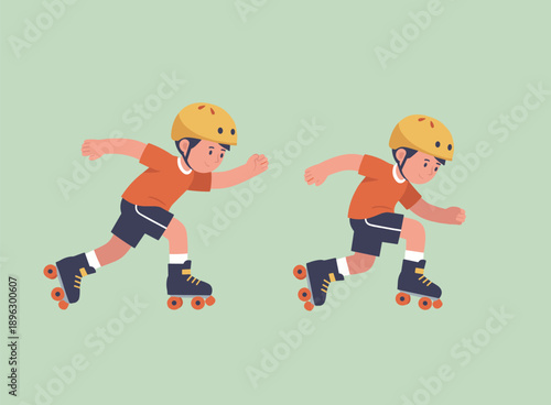 Young boy character roller skating in orange tshirt and yellow helmet, active childhood sports and outdoor leisure concept, flat vector art