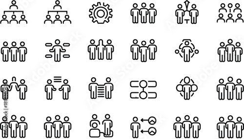 A set of 20 black and white line art icons representing teamwork, organization, and human connection concepts for business and social platforms