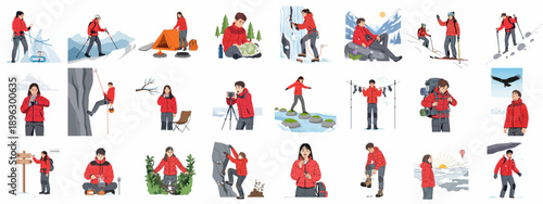 Diverse set of adventure illustrations featuring hiking, mountaineering, camping, skiing, and survival skills in challenging outdoor and winter environments.