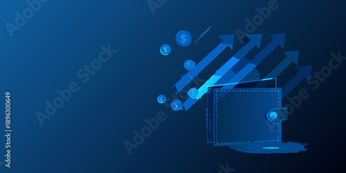 Financial growth and investment coins flowing into an open wallet