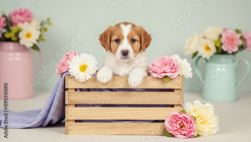Adorable puppy in a wooden box with flowers and a purple cloth, soft blue and pink background, studio portrait