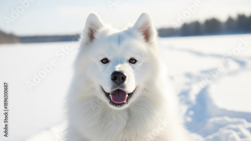 Close-up portrait of a fluffy white Samoyed dog in a snowy landscape, smiling with its tongue out, happy and playful