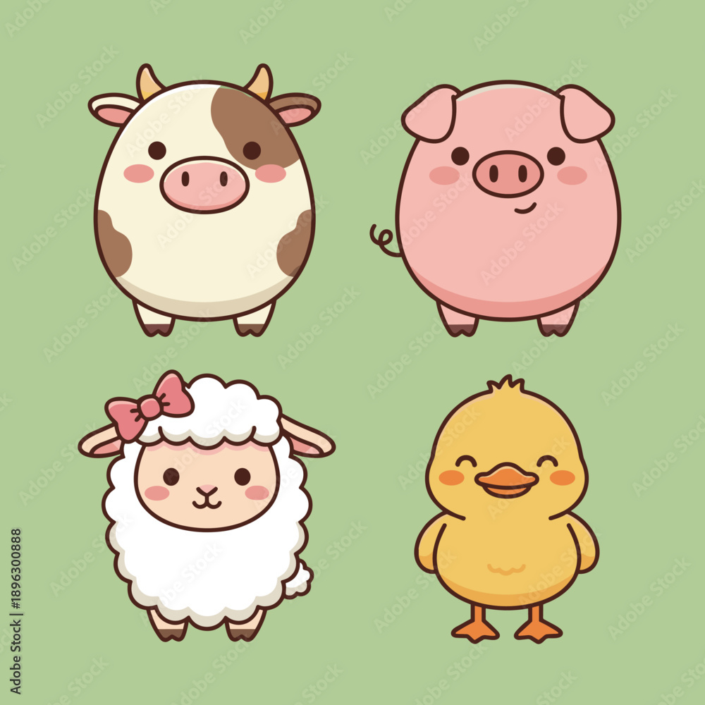 Obraz premium Cute cartoon farm animals collection featuring round cow pig sheep and duckling characters with sweet expressions and minimalist vector style