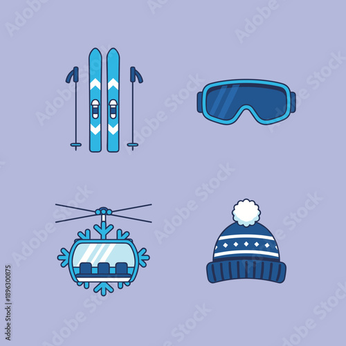 Set of winter ski equipment and mountain sports icons including skis poles goggles snow hat and snowflake gondola in flat vector style design