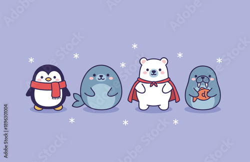 Adorable arctic animal characters group with penguin seal polar bear and walrus wearing winter accessories in a cute flat vector design