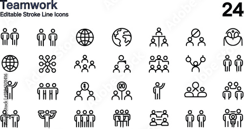 Editable stroke line icons representing teamwork, collaboration, and people networks for business and social concepts
