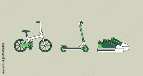 Eco friendly personal transportation set with folding bicycle kick scooter and sneakers icons in flat green vector style for urban mobility