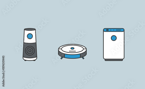 Set of smart home appliances icons featuring a smart speaker robot vacuum and air purifier in flat vector style isolated on blue background