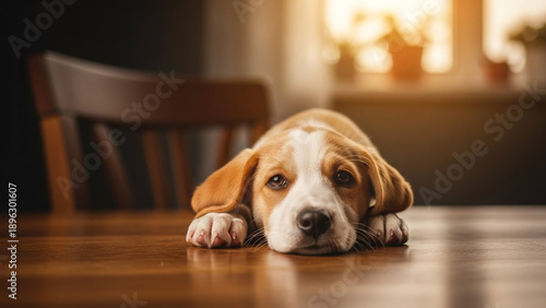 Small tan and white puppy resting its head on a wooden table, looking sleepy and adorable in warm indoor lighting