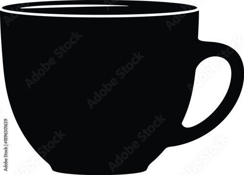 Minimalist black silhouette of ceramic coffee mug with rounded handle and smooth base for morning beverage drink service