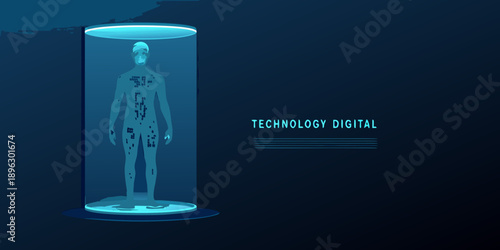 Human figure within a glowing cylindrical container symbolizing futuristic technology