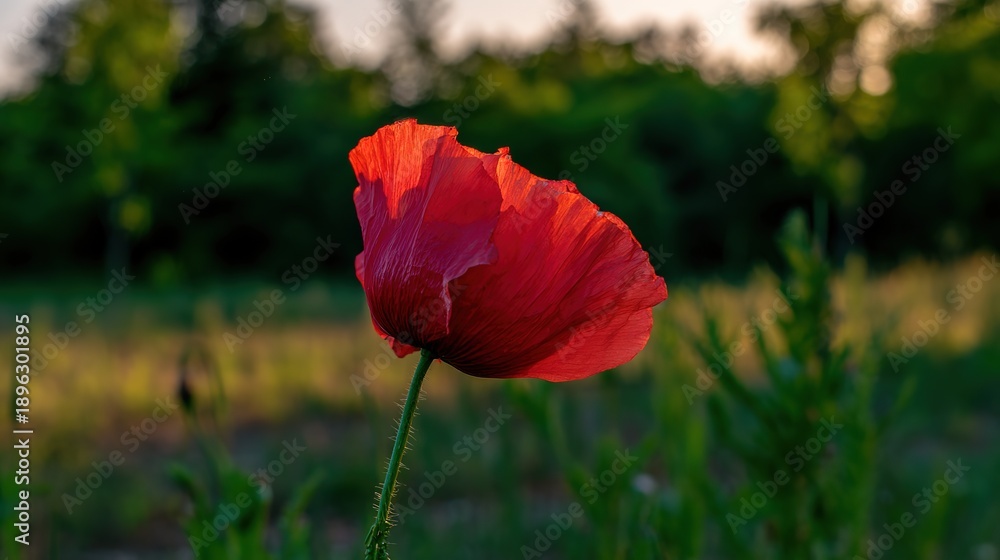 Obraz premium poppy. Close-up of a vibrant red poppy bathed in golden sunset light in a peaceful field. inspiring travel planning, gardening catalogs, designed for gardening and botanical catalogs.