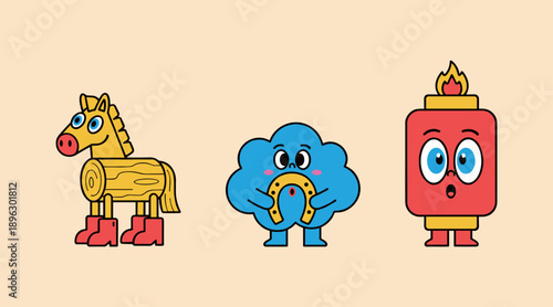 Traditional icons with faces for year of the horse including wooden horse lucky horseshoe and firecracker in vintage rubber hose style