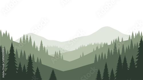 Illustration of a serene forest landscape with layered mountains and dense pine trees in various shades of green on a white background.