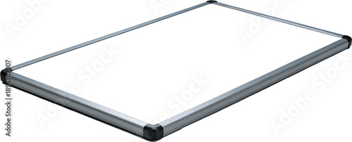 Modern blank whiteboard with sleek silver frame and dark corner details, angled view, perfect for business, education, or creative design mockups