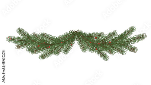 A green pine tree branch with red berries against a white background, arranged symmetrically.