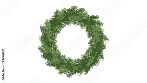 A green Christmas wreath made of fir branches on a white background with a minimalist composition.