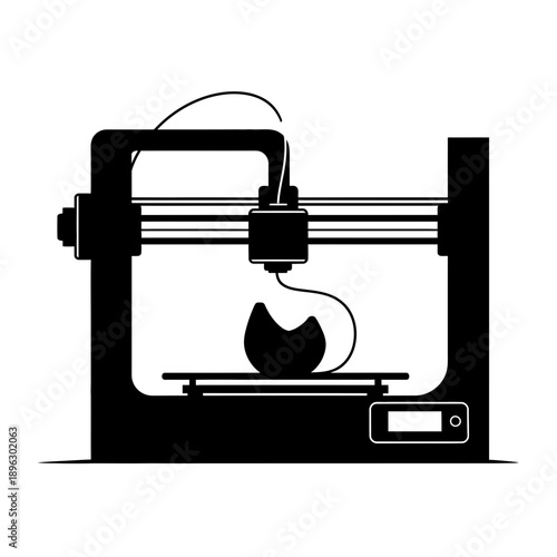 Silhouette of a modern 3D printer machine for rapid prototyping and manufacturing, black vector icon on white background