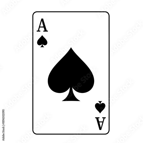 Silhouette of an Ace of Spades playing card, poker and magic trick symbol, black vector shape on white background