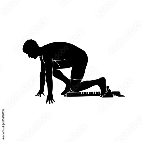 Silhouette of a track athlete in starting blocks, runner ready to sprint, black vector shape on white background