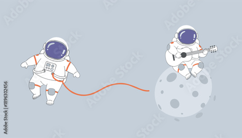 Cute Cartoon Astronauts Floating in Space One Playing Guitar on Moon Flat Vector Illustration for Science and Music Concept Background
