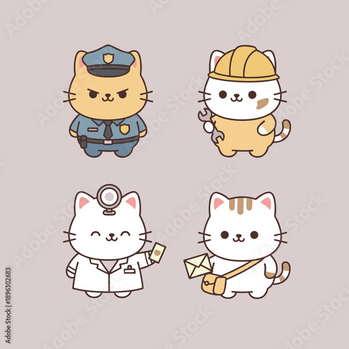 Professional cat characters collection including police officer construction worker doctor and mail carrier in cute flat vector sticker style