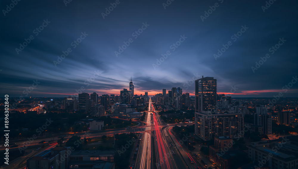 Fototapeta premium Modern City Skyline at Night with Light Trails