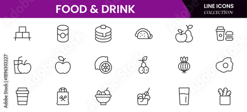 Food and drink web icons in line style. Meal, restaurant, dishes, fruits, fastfood, burger, pizza, coffee, sandwich, collection. Vector illustration.
