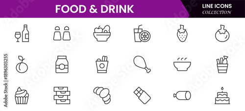 Food and drink web icons in line style. Meal, restaurant, dishes, fruits, fastfood, burger, pizza, coffee, sandwich, collection. Vector illustration.