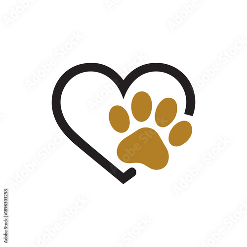 Golden paw print inside a black heart symbol on white background