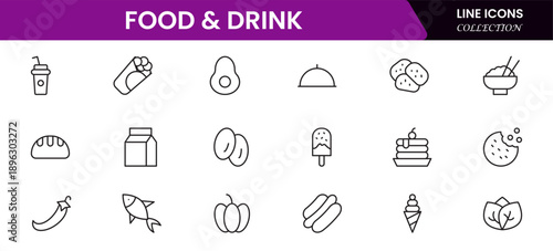 Food and drink web icons in line style. Meal, restaurant, dishes, fruits, fastfood, burger, pizza, coffee, sandwich, collection. Vector illustration.