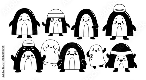 Adorable hand drawn cartoon penguins in various cute poses and expressions.