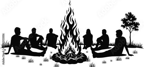 campfire, people, silhouette, outdoor, nature, camping, vector, black, fire, group, tree, grass, sitting, circle, flame