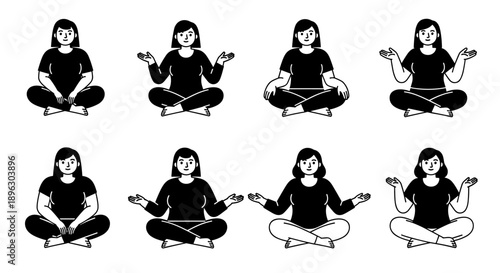Eight Silhouettes of Women Meditating in Different Poses.