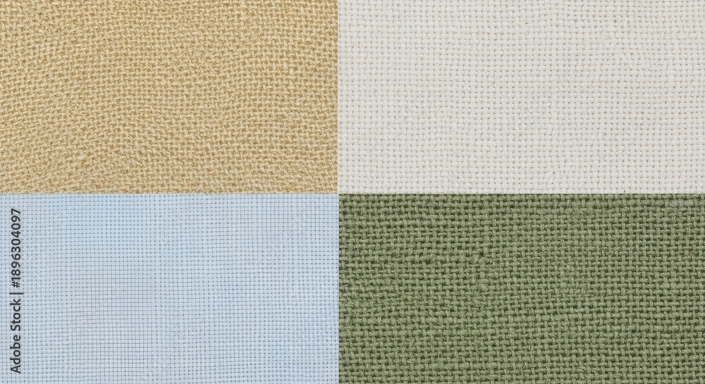 Fototapeta premium A compelling four-panel collage presenting a diverse array of fabric textures, including a rich golden-brown burlap, a pristine white linen, a light blue textured pattern with fine lines, and a warm o