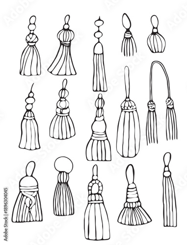 Tassel fringe. large set of hand-drawn vector boho brushes for curtains of various shapes. Decorative elements for your projects. Vector.