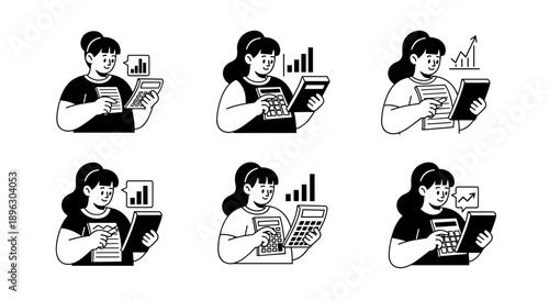 Woman Calculating and Analyzing Financial Data with Calculator and Charts.