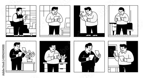 Man engrossed in his smartphone in various indoor settings.