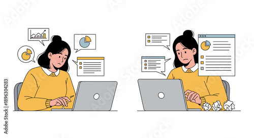 Two women working on laptops, one focused and productive, the other stressed and overwhelmed.