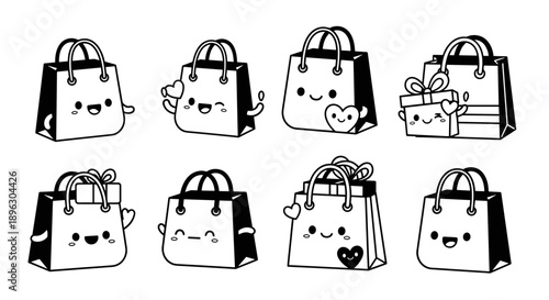 Cute Kawaii Shopping Bags with Hearts and Gift Boxes in Black and White Outline.