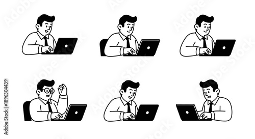 Set of six hand-drawn illustrations of a businessman working on a laptop with various expressions.
