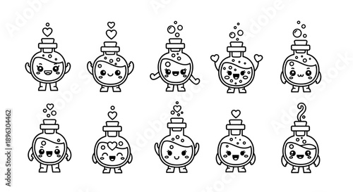 Cute Kawaii Potion Bottles with Hearts and Bubbles.