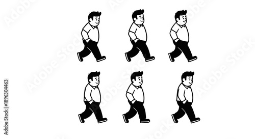 Six identical cartoon men walking in a row.