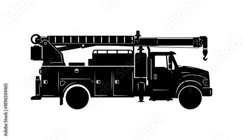 Black and White Silhouette Vector Image of a Fire Truck with Ladder