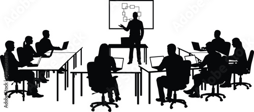 Classroom training session silhouette, instructor with laptop users, flowchart on board, professional learning environment, technology education, business presentation concept